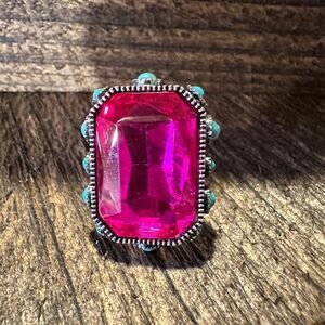 Western Boho Hippie Octagon Cut Crystal Stretch Ring: Fuchsia Cuff Ring, Gift B